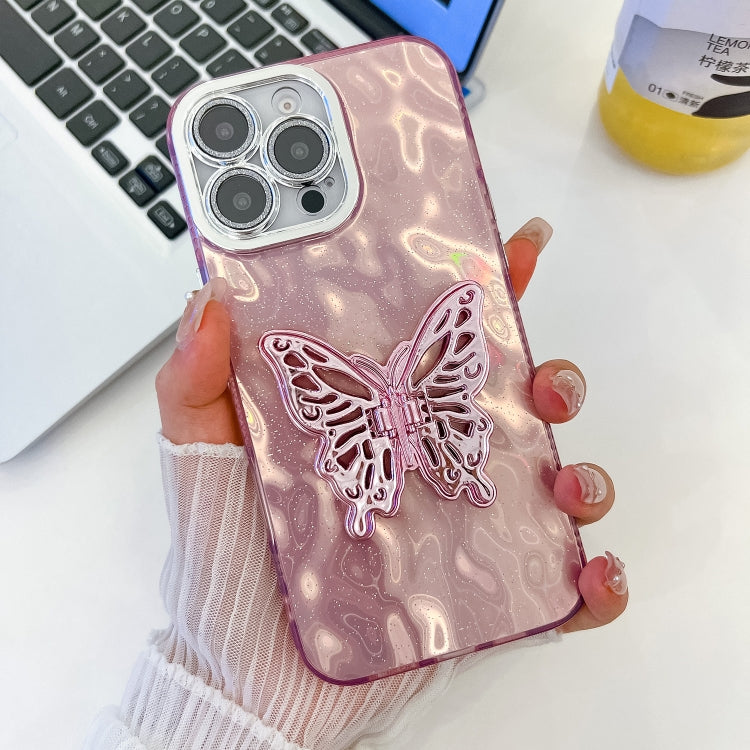 For iPhone 13 Pro Plating Glitter Texture Butterfly Holder TPU Phone Case with Lens Film