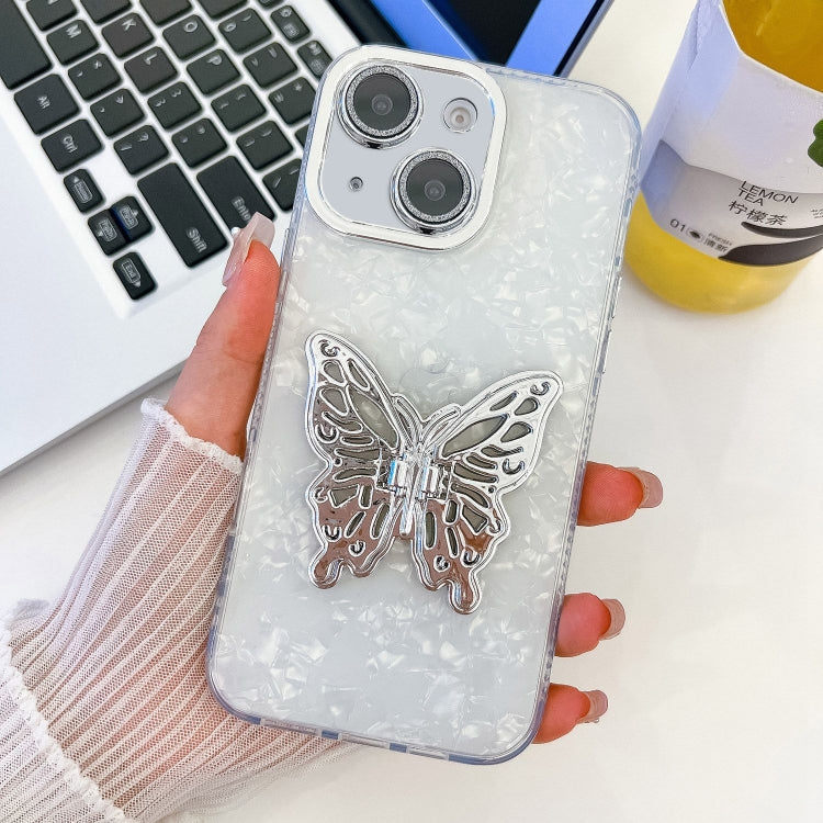 For iPhone 13 Plating Glitter Texture Butterfly Holder TPU Phone Case with Lens Film