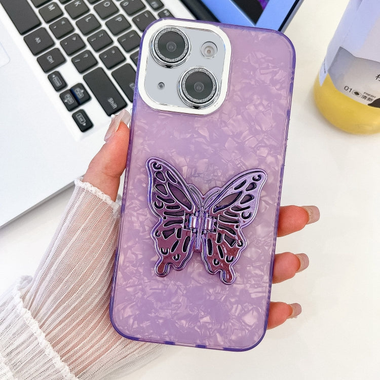 For iPhone 13 Plating Glitter Texture Butterfly Holder TPU Phone Case with Lens Film