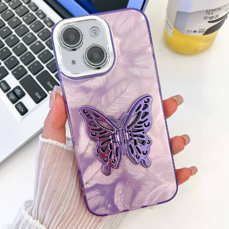 For iPhone 13 Plating Glitter Texture Butterfly Holder TPU Phone Case with Lens Film