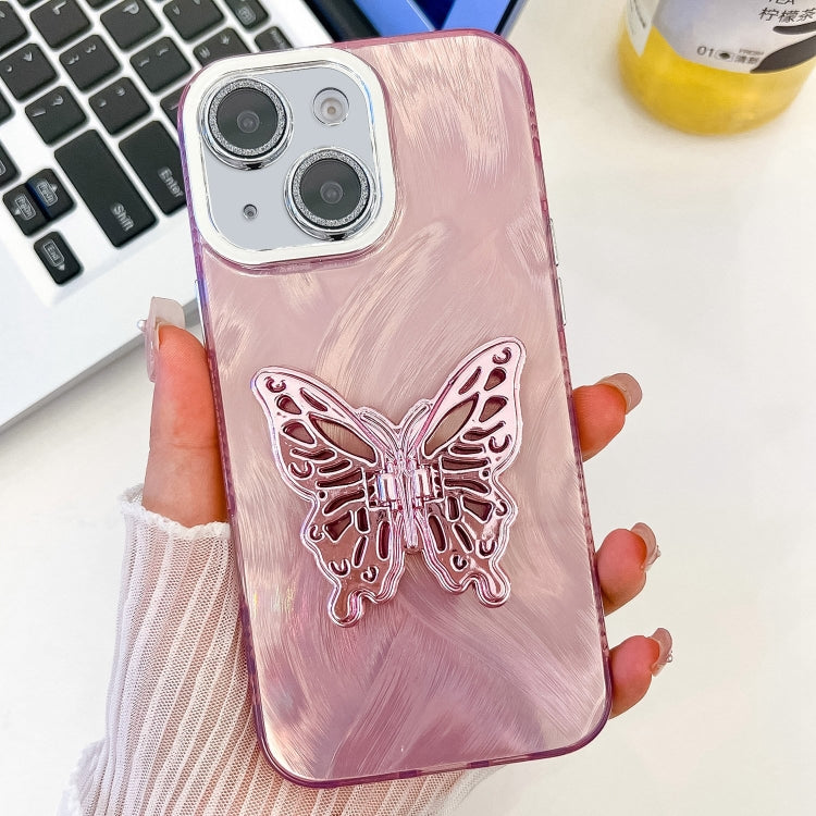 For iPhone 13 Plating Glitter Texture Butterfly Holder TPU Phone Case with Lens Film