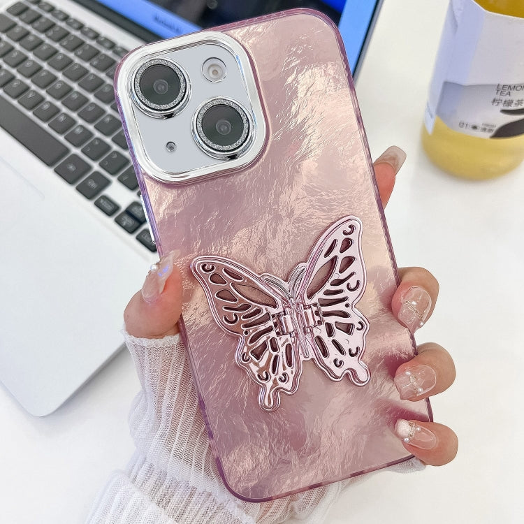 For iPhone 13 Plating Glitter Texture Butterfly Holder TPU Phone Case with Lens Film