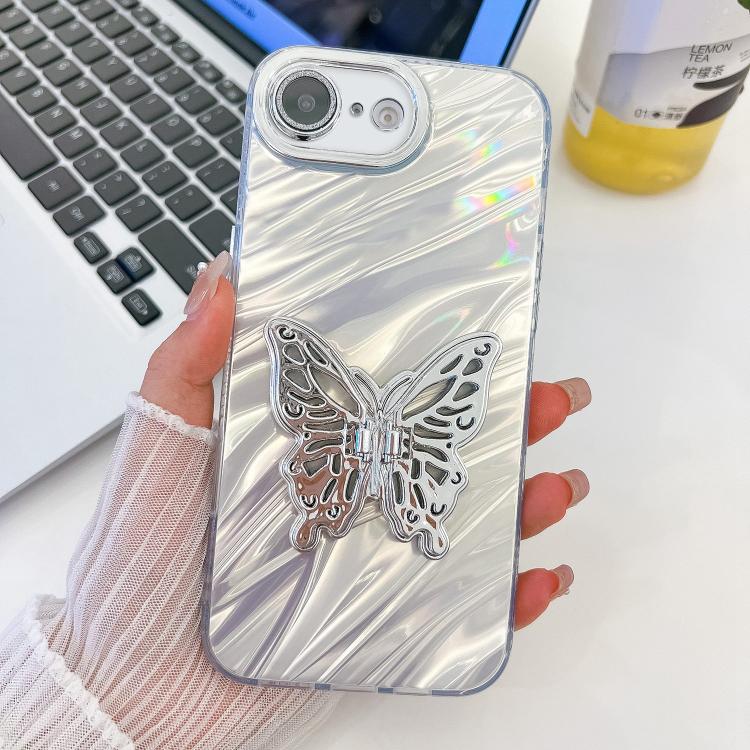 For iPhone 17e / 16e Plating Glitter Texture Butterfly Holder TPU Phone Case with Lens Film