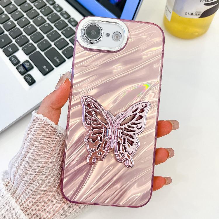 For iPhone 17e / 16e Plating Glitter Texture Butterfly Holder TPU Phone Case with Lens Film