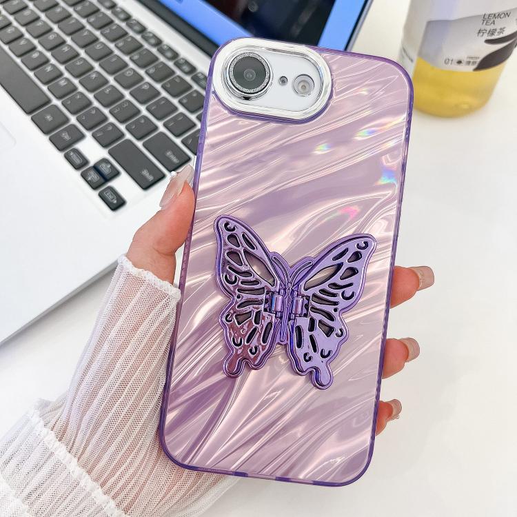 For iPhone 17e / 16e Plating Glitter Texture Butterfly Holder TPU Phone Case with Lens Film