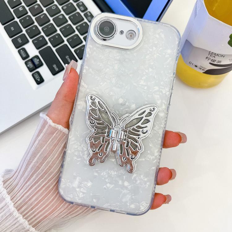 For iPhone 17e / 16e Plating Glitter Texture Butterfly Holder TPU Phone Case with Lens Film