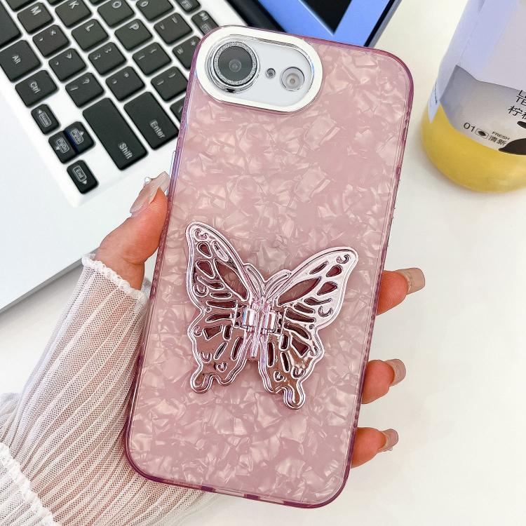 For iPhone 17e / 16e Plating Glitter Texture Butterfly Holder TPU Phone Case with Lens Film