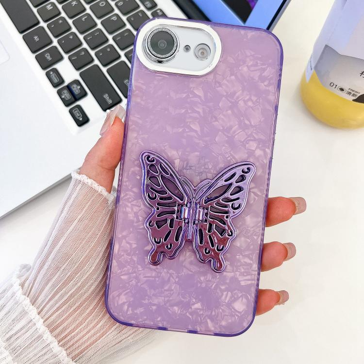 For iPhone 17e / 16e Plating Glitter Texture Butterfly Holder TPU Phone Case with Lens Film
