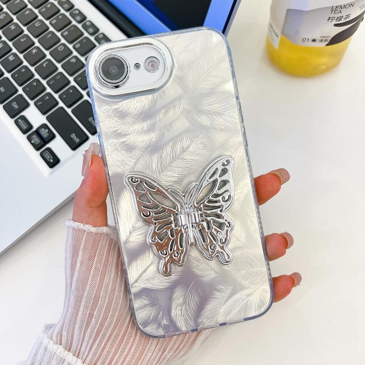 For iPhone 17e / 16e Plating Glitter Texture Butterfly Holder TPU Phone Case with Lens Film