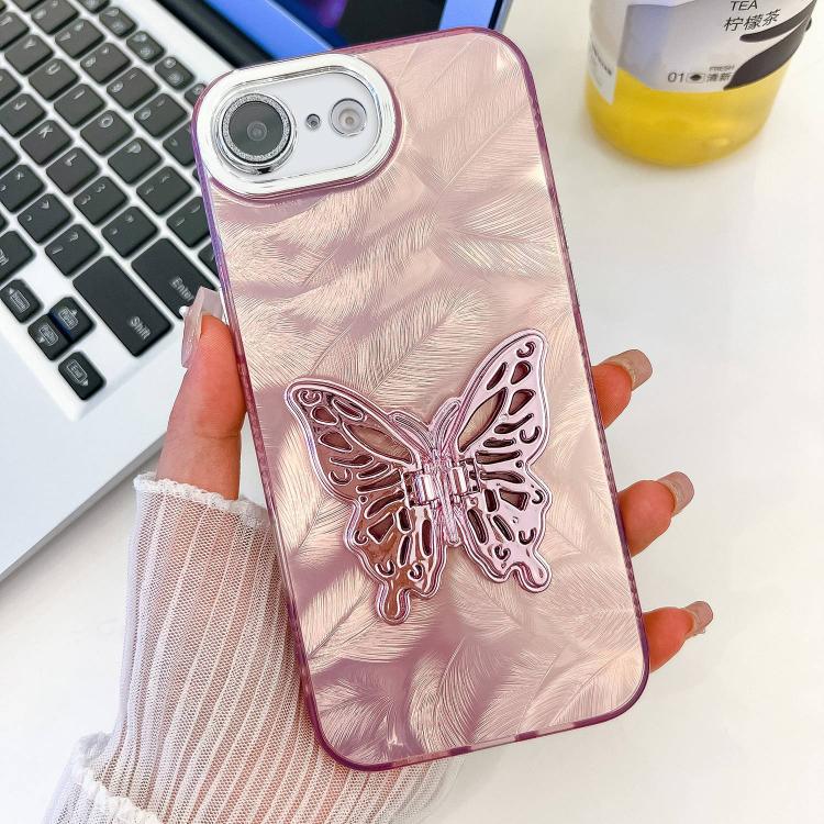 For iPhone 17e / 16e Plating Glitter Texture Butterfly Holder TPU Phone Case with Lens Film