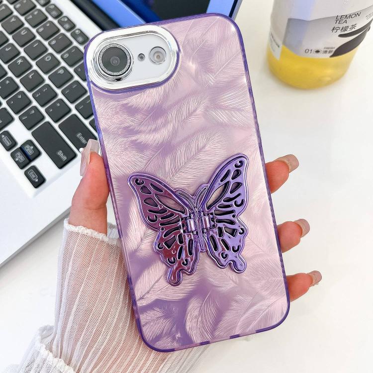 For iPhone 17e / 16e Plating Glitter Texture Butterfly Holder TPU Phone Case with Lens Film