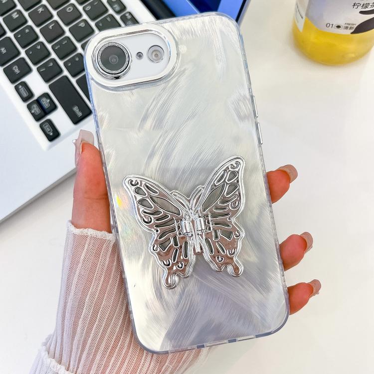 For iPhone 17e / 16e Plating Glitter Texture Butterfly Holder TPU Phone Case with Lens Film