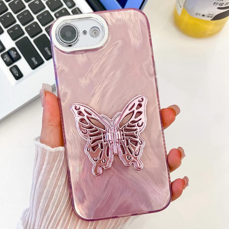 For iPhone 17e / 16e Plating Glitter Texture Butterfly Holder TPU Phone Case with Lens Film