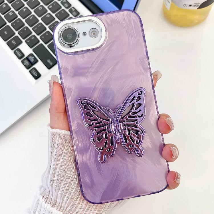 For iPhone 17e / 16e Plating Glitter Texture Butterfly Holder TPU Phone Case with Lens Film