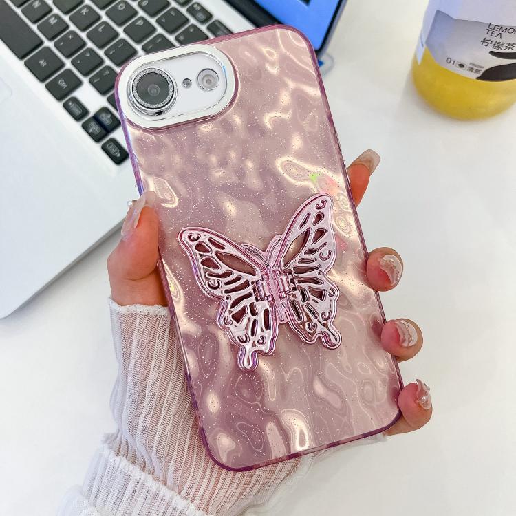 For iPhone 17e / 16e Plating Glitter Texture Butterfly Holder TPU Phone Case with Lens Film