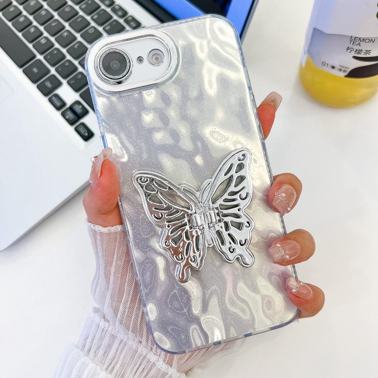 For iPhone 17e / 16e Plating Glitter Texture Butterfly Holder TPU Phone Case with Lens Film