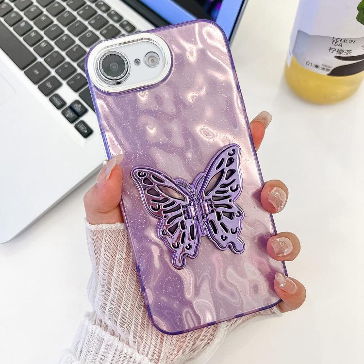 For iPhone 17e / 16e Plating Glitter Texture Butterfly Holder TPU Phone Case with Lens Film