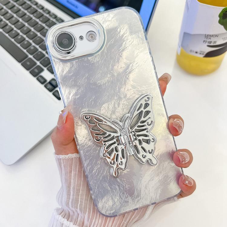 For iPhone 17e / 16e Plating Glitter Texture Butterfly Holder TPU Phone Case with Lens Film