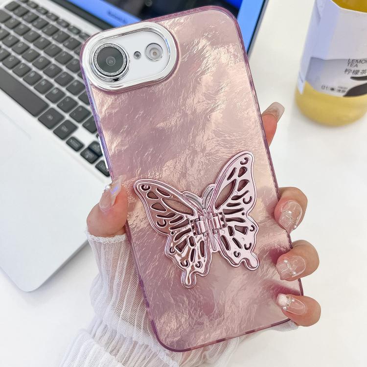 For iPhone 17e / 16e Plating Glitter Texture Butterfly Holder TPU Phone Case with Lens Film