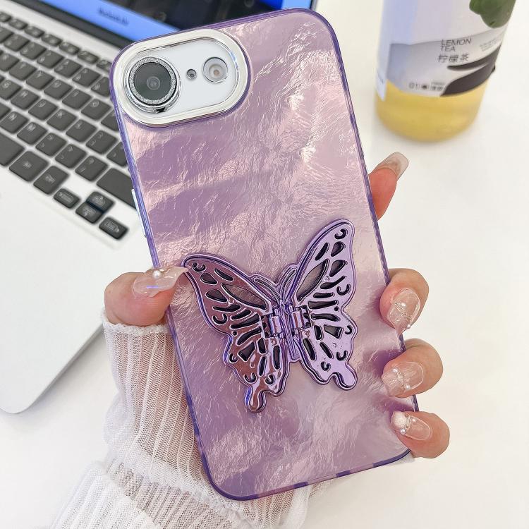 For iPhone 17e / 16e Plating Glitter Texture Butterfly Holder TPU Phone Case with Lens Film
