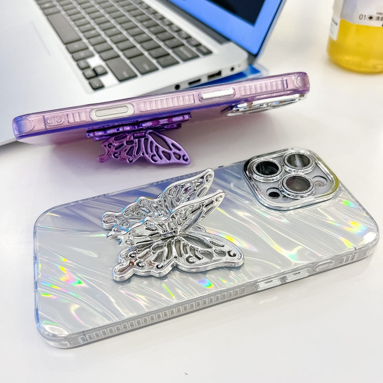 For iPhone 14 Pro Plating Glitter Texture Butterfly Holder TPU Phone Case with Lens Film