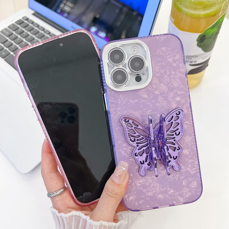 For iPhone 16 Plus Plating Glitter Texture Butterfly Holder TPU Phone Case with Lens Film