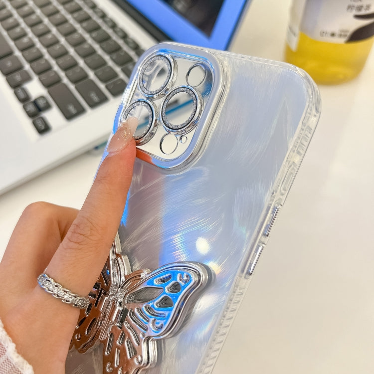 For iPhone 13 Pro Max Plating Glitter Texture Butterfly Holder TPU Phone Case with Lens Film