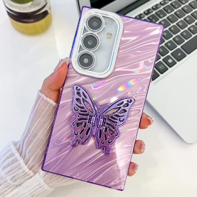 For Samsung Galaxy S24 FE 5G Plating Glitter Texture Butterfly Holder TPU Phone Case with Lens Film