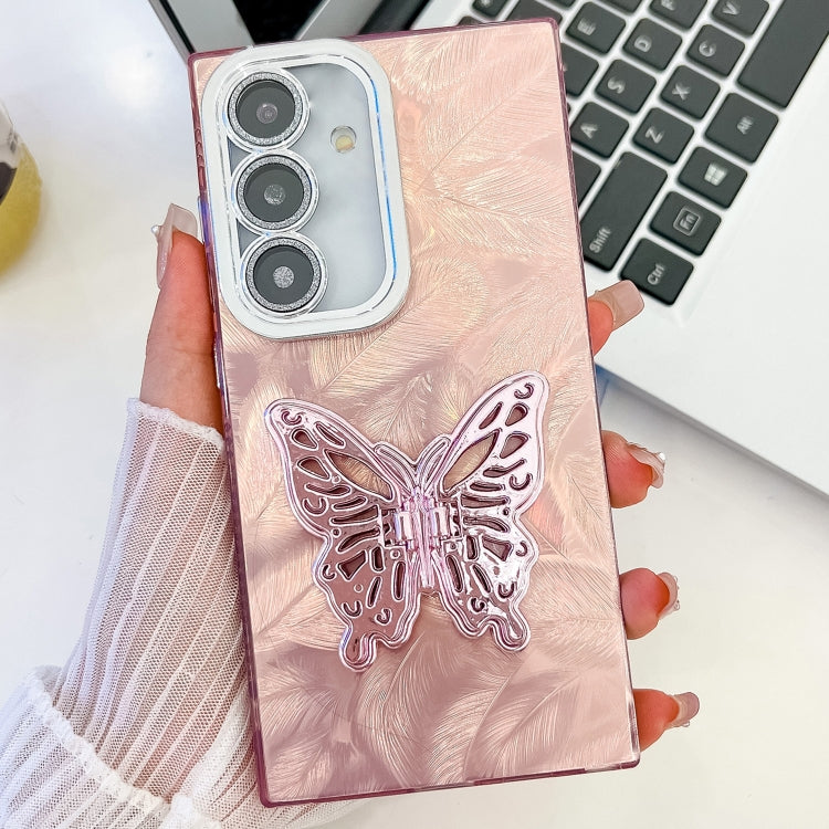For Samsung Galaxy S24 FE 5G Plating Glitter Texture Butterfly Holder TPU Phone Case with Lens Film