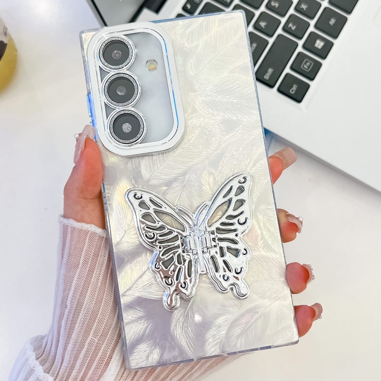 For Samsung Galaxy A15 5G Plating Glitter Texture Butterfly Holder TPU Phone Case with Lens Film