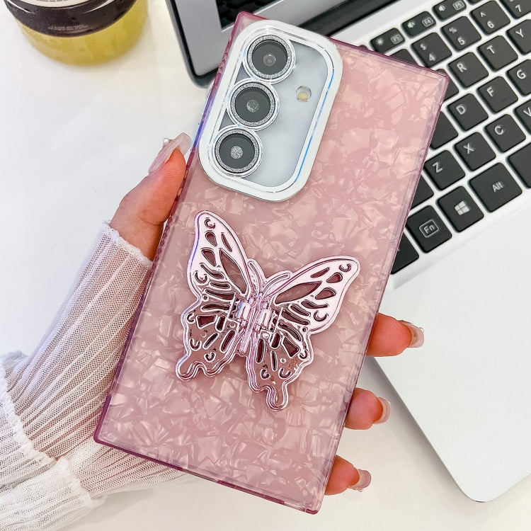 For Samsung Galaxy A55 5G Plating Glitter Texture Butterfly Holder TPU Phone Case with Lens Film