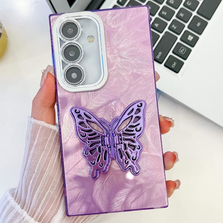 For Samsung Galaxy A35 5G Plating Glitter Texture Butterfly Holder TPU Phone Case with Lens Film