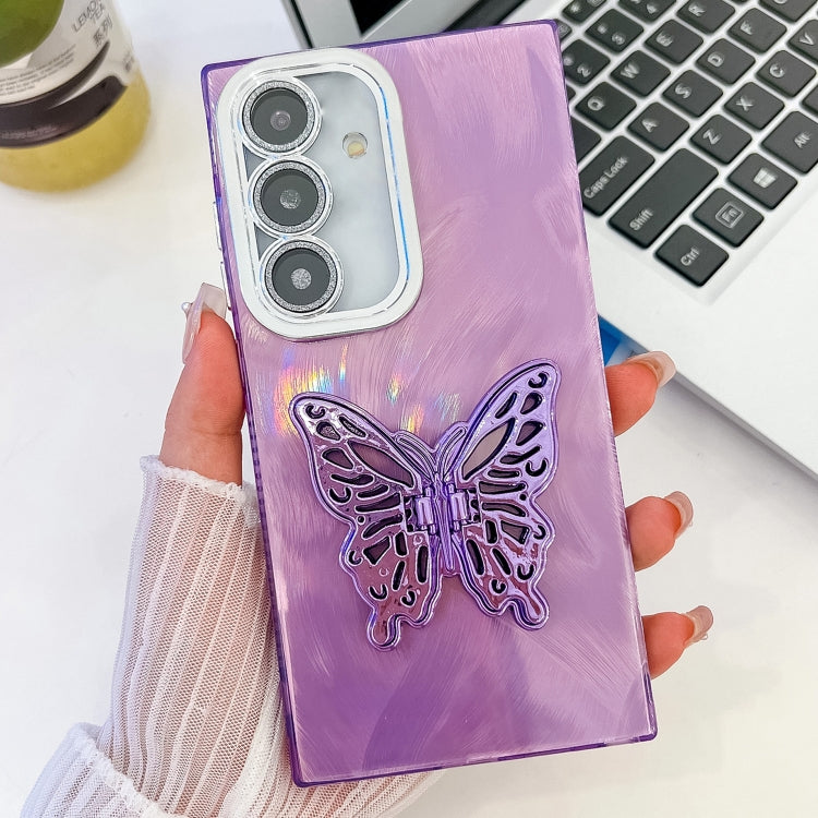 For Samsung Galaxy A35 5G Plating Glitter Texture Butterfly Holder TPU Phone Case with Lens Film