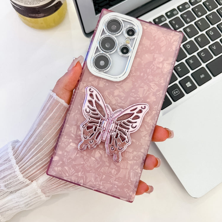 For Samsung Galaxy S24 Ultra 5G Plating Glitter Texture Butterfly Holder TPU Phone Case with Lens Film