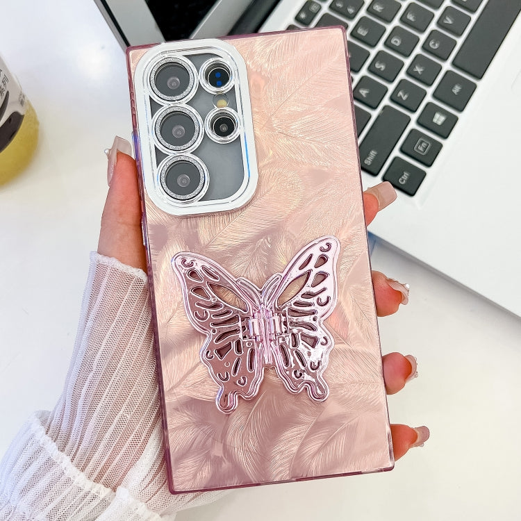 For Samsung Galaxy S24 Ultra 5G Plating Glitter Texture Butterfly Holder TPU Phone Case with Lens Film
