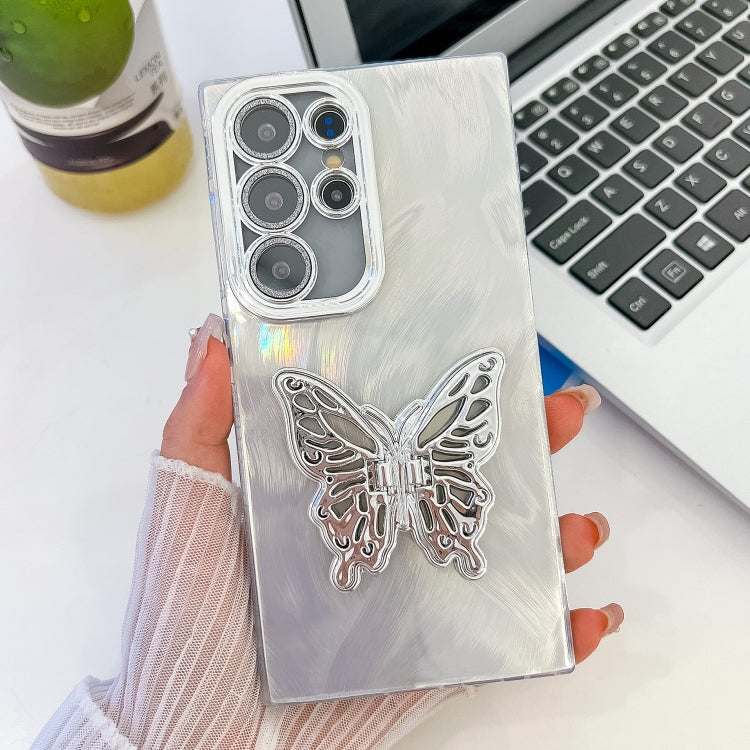 For Samsung Galaxy S24 Ultra 5G Plating Glitter Texture Butterfly Holder TPU Phone Case with Lens Film
