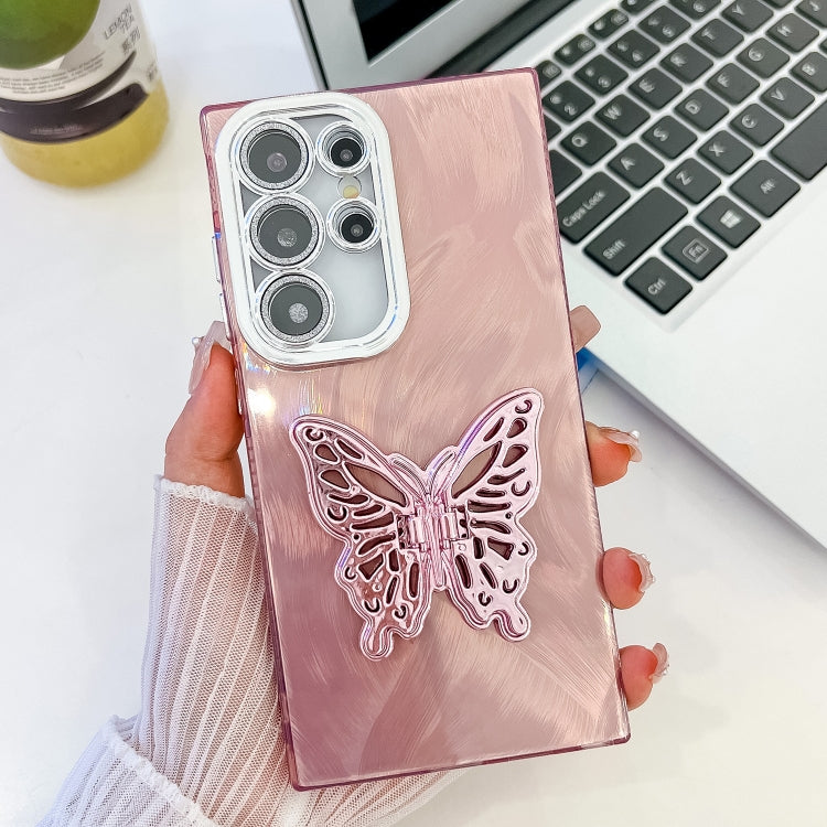 For Samsung Galaxy S24 Ultra 5G Plating Glitter Texture Butterfly Holder TPU Phone Case with Lens Film