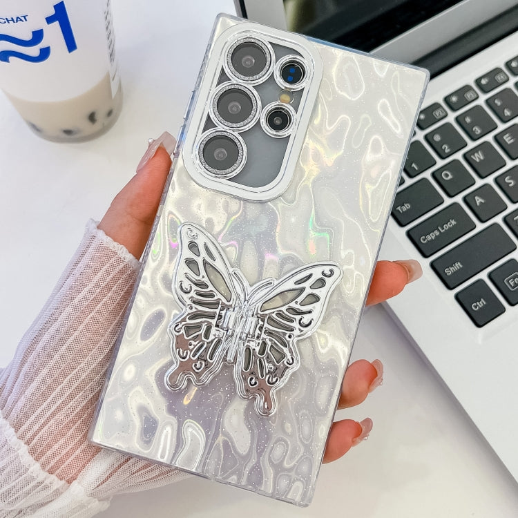 For Samsung Galaxy S24 Ultra 5G Plating Glitter Texture Butterfly Holder TPU Phone Case with Lens Film
