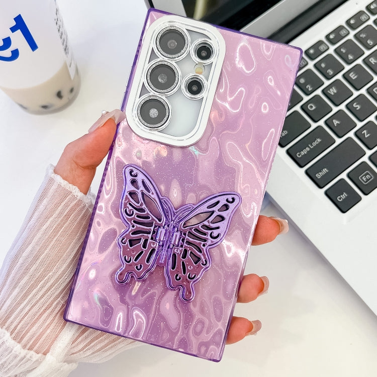 For Samsung Galaxy S24 Ultra 5G Plating Glitter Texture Butterfly Holder TPU Phone Case with Lens Film