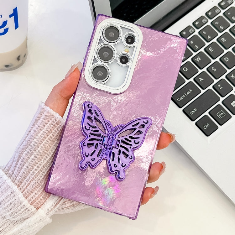 For Samsung Galaxy S24 Ultra 5G Plating Glitter Texture Butterfly Holder TPU Phone Case with Lens Film