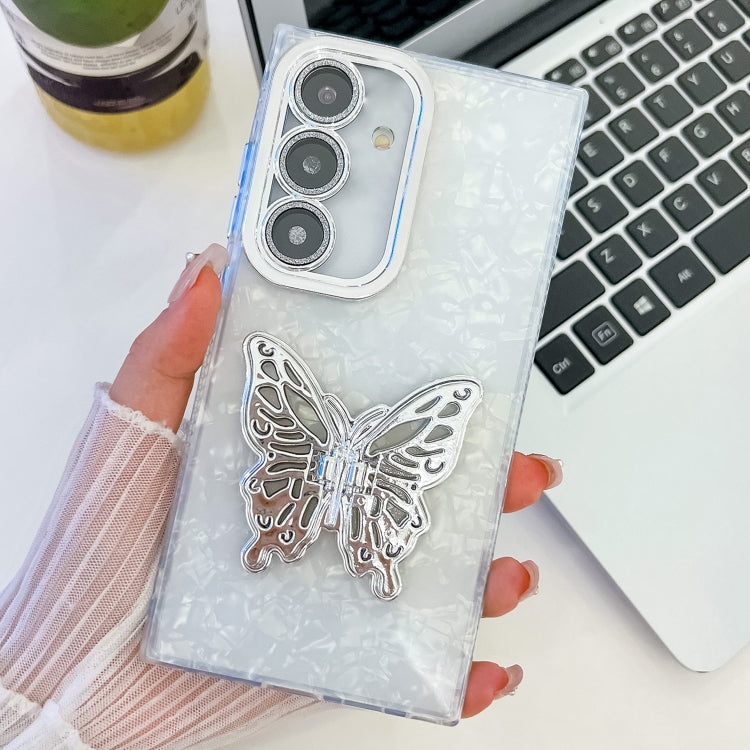 For Samsung Galaxy S24+ 5G Plating Glitter Texture Butterfly Holder TPU Phone Case with Lens Film