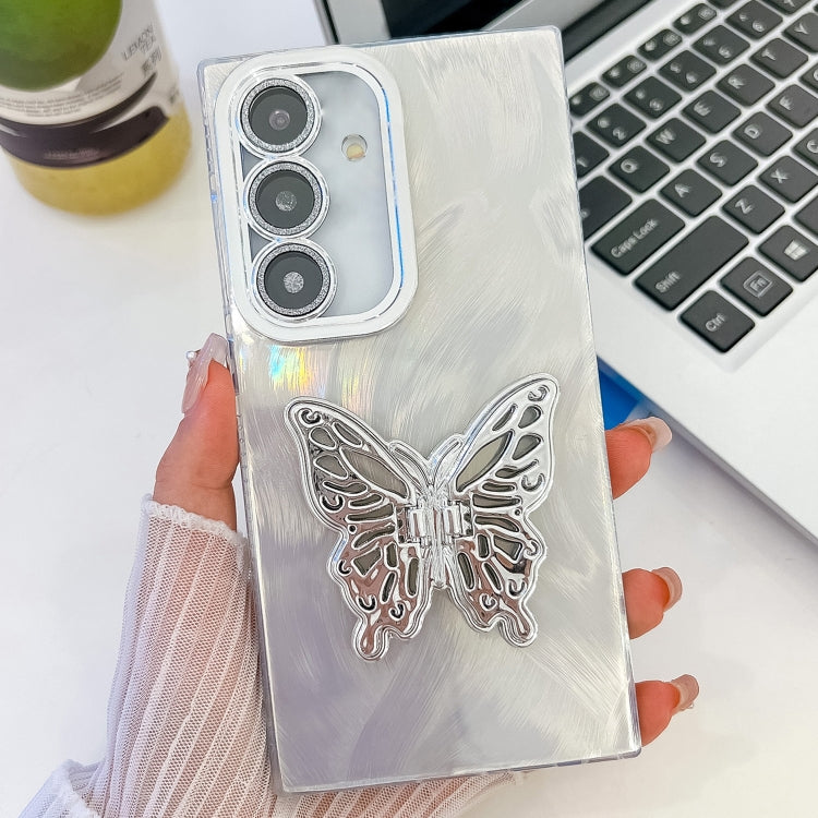 For Samsung Galaxy A25 5G Plating Glitter Texture Butterfly Holder TPU Phone Case with Lens Film