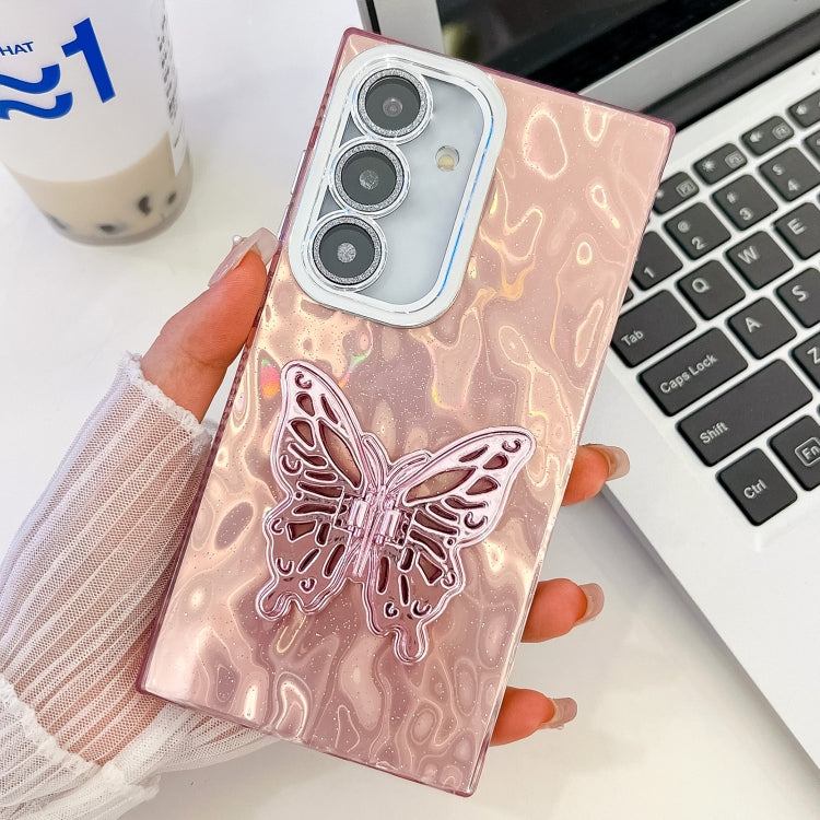 For Samsung Galaxy A25 5G Plating Glitter Texture Butterfly Holder TPU Phone Case with Lens Film