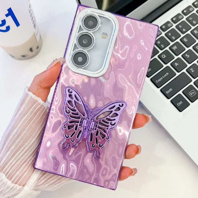 For Samsung Galaxy A25 5G Plating Glitter Texture Butterfly Holder TPU Phone Case with Lens Film