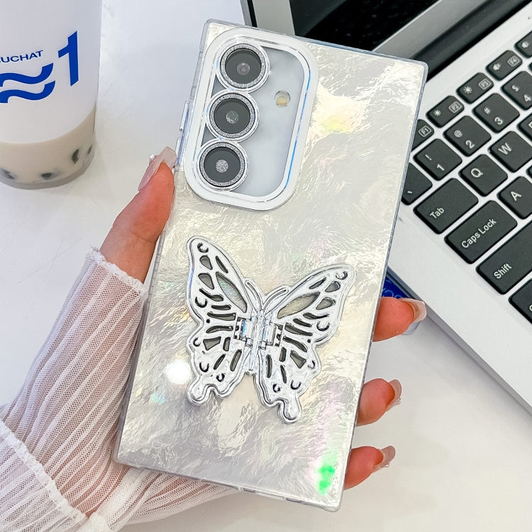 For Samsung Galaxy A25 5G Plating Glitter Texture Butterfly Holder TPU Phone Case with Lens Film