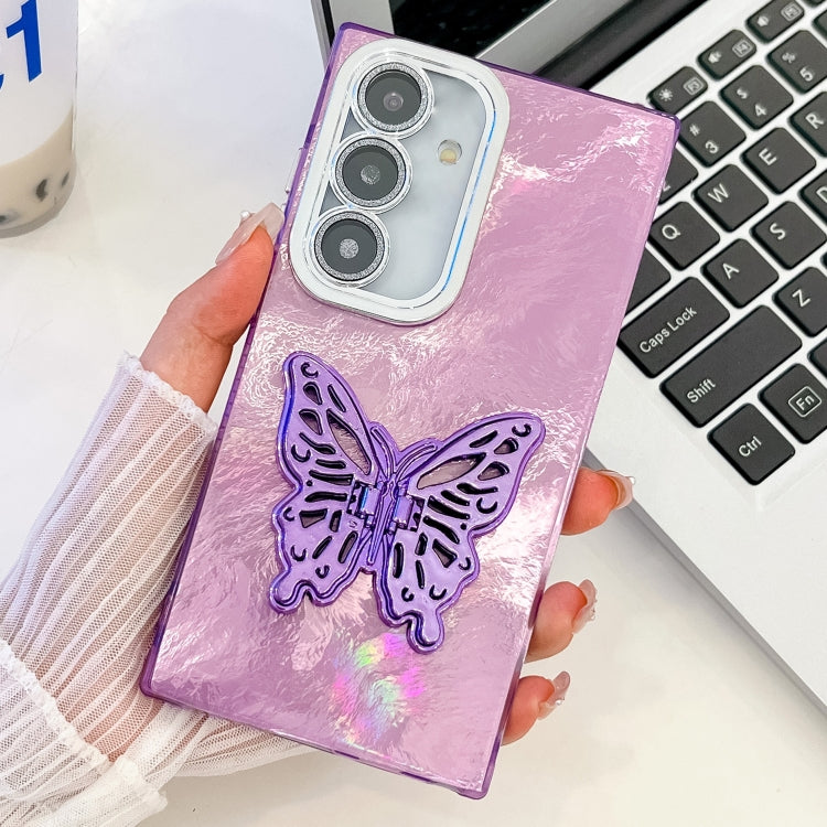 For Samsung Galaxy A25 5G Plating Glitter Texture Butterfly Holder TPU Phone Case with Lens Film