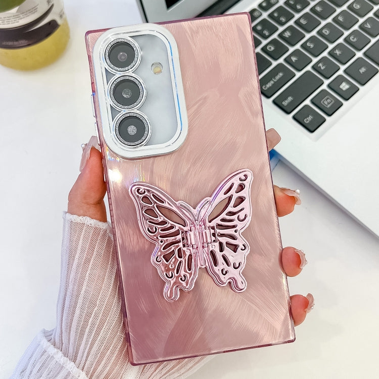 For Samsung Galaxy A54 5G Plating Glitter Texture Butterfly Holder TPU Phone Case with Lens Film