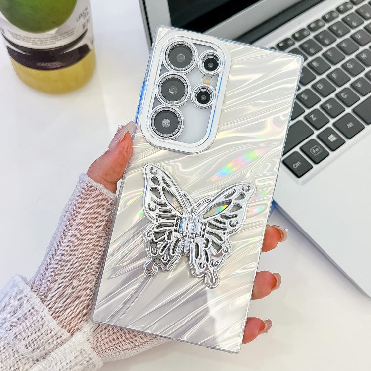 For Samsung Galaxy S23 Ultra 5G Plating Glitter Texture Butterfly Holder TPU Phone Case with Lens Film