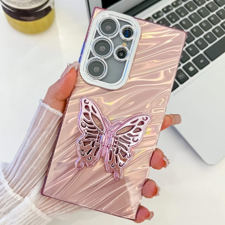 For Samsung Galaxy S23 Ultra 5G Plating Glitter Texture Butterfly Holder TPU Phone Case with Lens Film