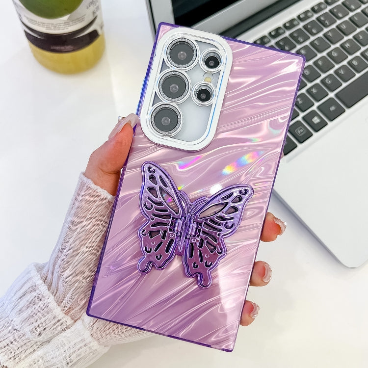 For Samsung Galaxy S23 Ultra 5G Plating Glitter Texture Butterfly Holder TPU Phone Case with Lens Film